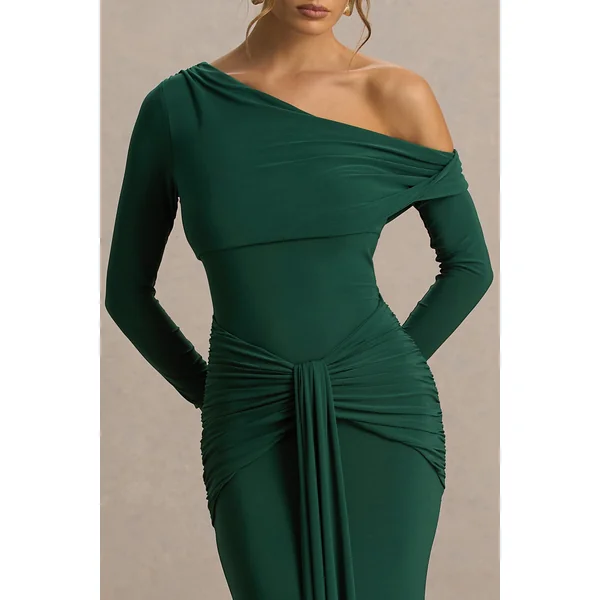Clover | Robe longue vert foncé à encolure asymétrique avec ceinture