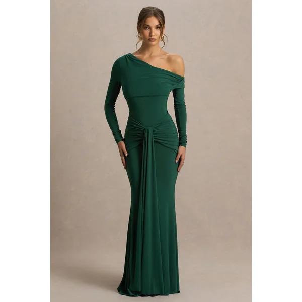Clover | Robe longue vert foncé à encolure asymétrique avec ceinture
