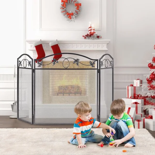 Clôture de Cheminée Cadre en Métal Robuste Écran de Cheminée Pliable à 3 Panneaux Clôture en Maille Décorative Sûre pour lntérieur et Extérieur