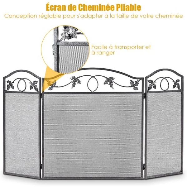 Clôture de Cheminée Cadre en Métal Robuste Écran de Cheminée Pliable à 3 Panneaux Clôture en Maille Décorative Sûre pour lntérieur et Extérieur