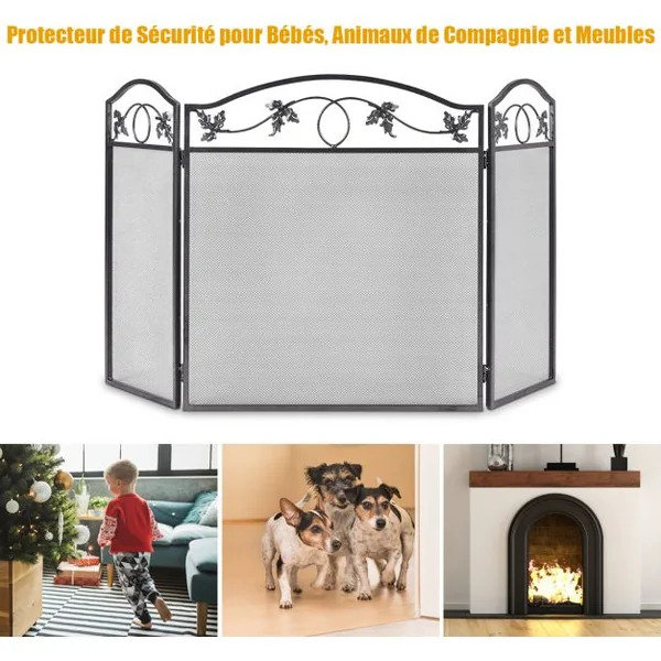 Clôture de Cheminée Cadre en Métal Robuste Écran de Cheminée Pliable à 3 Panneaux Clôture en Maille Décorative Sûre pour lntérieur et Extérieur