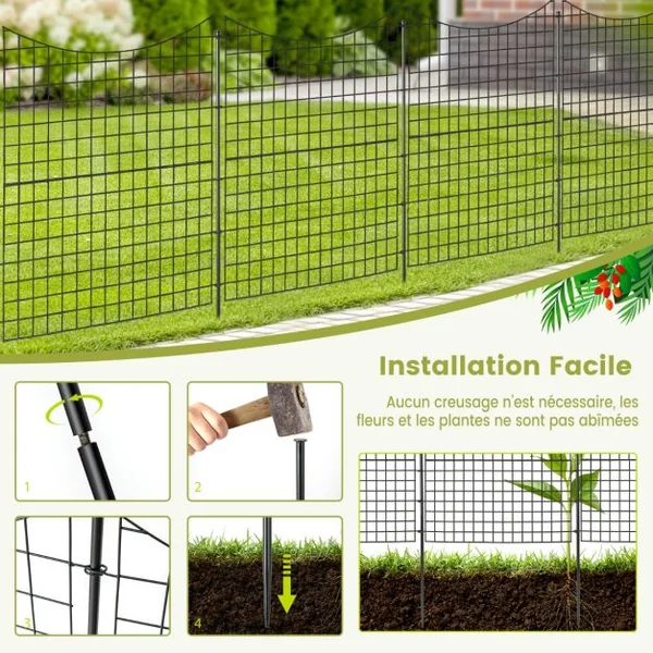 Clôtures de Jardin en Métal avec 5 panneaux et 5 piquets Barrière Jardin Exterieur pour Animaux Résistant à Rouille Décoratives 87 x 98CM noir