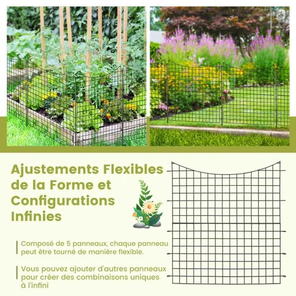Clôtures de Jardin en Métal avec 5 panneaux et 5 piquets Barrière Jardin Exterieur pour Animaux Résistant à Rouille Décoratives 87 x 98CM noir