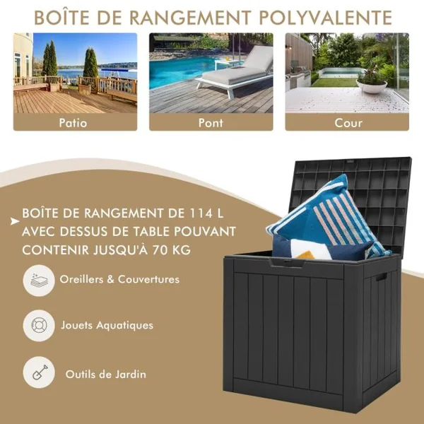 Coffre de Rangement 114L avec Couvercle Verrouillable Résistant aux Intempéries 56 x 43 x 53 CM Noir