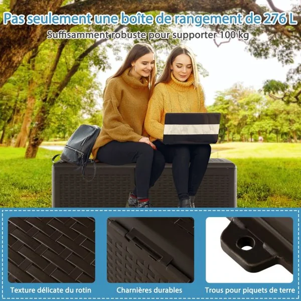 Coffre de Rangement Extérieure en HDPE 276 Boîte de Rangement avec Couvercle Verrouillable pour Ranger des Oreillers Outils Jouet Accessoires 114 x 54 x 56 cm