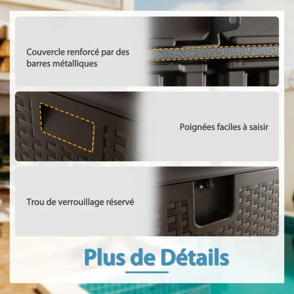 Coffre de Rangement Extérieure en HDPE 378L Boîte de Rangement avec Couvercle Verrouillable pour Ranger des Oreillers Outils Jouet Accessoires 127 x 56 x 64 cm