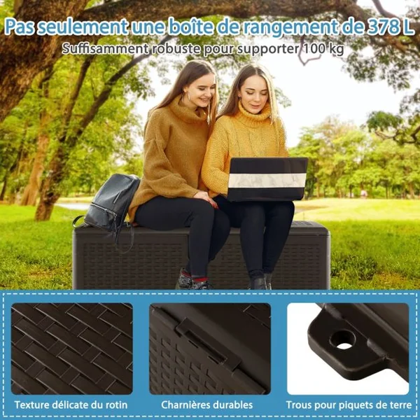 Coffre de Rangement Extérieure en HDPE 378L Boîte de Rangement avec Couvercle Verrouillable pour Ranger des Oreillers Outils Jouet Accessoires 127 x 56 x 64 cm