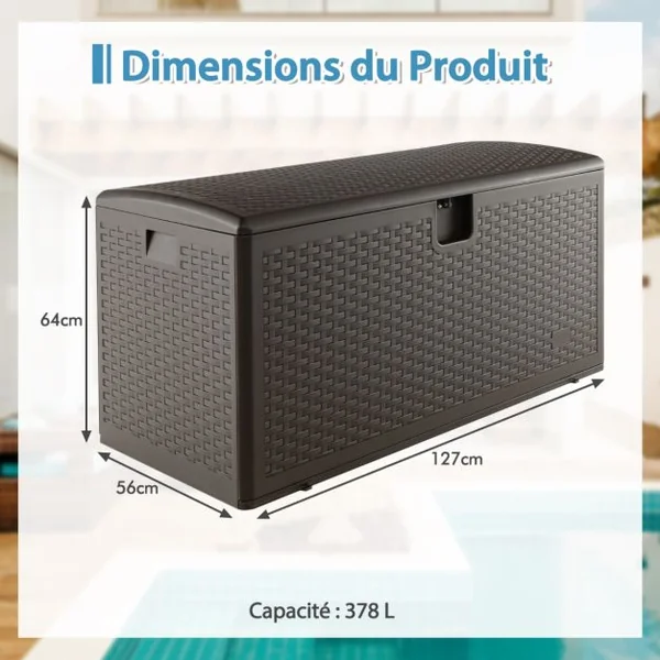 Coffre de Rangement Extérieure en HDPE 378L Boîte de Rangement avec Couvercle Verrouillable pour Ranger des Oreillers Outils Jouet Accessoires 127 x 56 x 64 cm