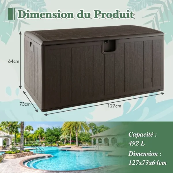 Coffre de Rangement Extérieure en HDPE 454 Grande Boîte de Rangement avec Couvercle Verrouillable 127 x 73 x 64 cm