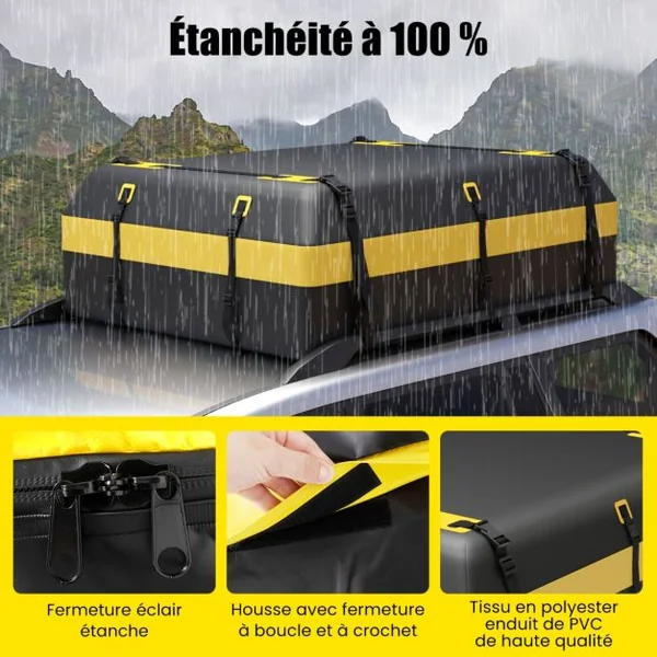Coffre de Toit Voiture Étanche 595 L avec 10 Sangles 6 Crochets de Porte Sac à Bagages Serrure à Combinaison Tapis Antidérapant pour Tous Jaune