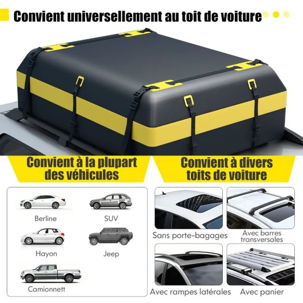 Coffre de Toit Voiture Étanche 595 L avec 10 Sangles 6 Crochets de Porte Sac à Bagages Serrure à Combinaison Tapis Antidérapant pour Tous Jaune