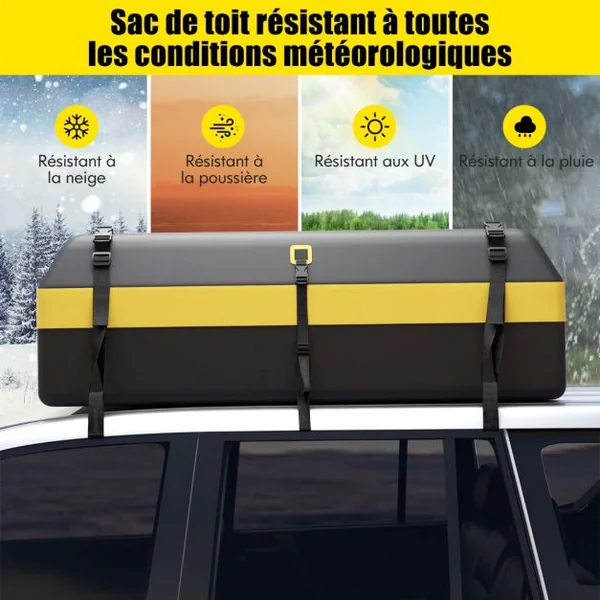 Coffre de Toit Voiture Étanche 595 L avec 10 Sangles 6 Crochets de Porte Sac à Bagages Serrure à Combinaison Tapis Antidérapant pour Tous Jaune