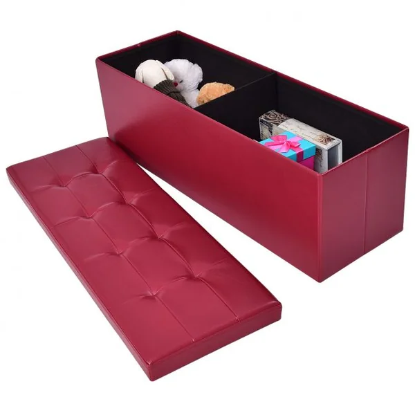 Coffre siège de rangement tabouret pouf banc pliable en couleur Vin Rouge.