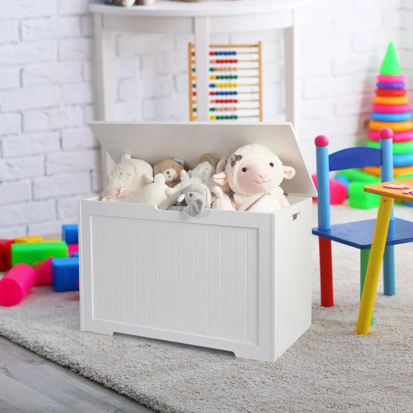 Coffre à Jouets en Bois Enfants avec Couvercle Rabattable Boîte de Rangement avec Charnière Sécurisée Charge 20kg pour Salon, Chambre d’Enfants Blanc