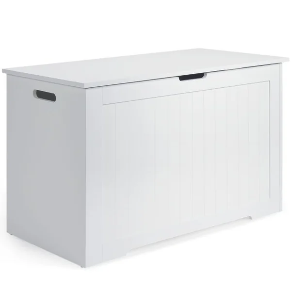 Coffre à Jouets en Bois Enfants avec Couvercle Rabattable Boîte de Rangement avec Charnière Sécurisée Charge 20kg pour Salon, Chambre d’Enfants Blanc
