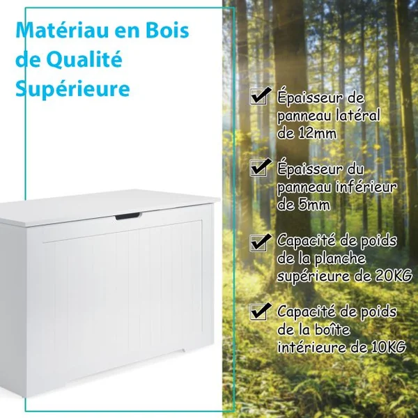 Coffre à Jouets en Bois Enfants avec Couvercle Rabattable Boîte de Rangement avec Charnière Sécurisée Charge 20kg pour Salon, Chambre d’Enfants Blanc