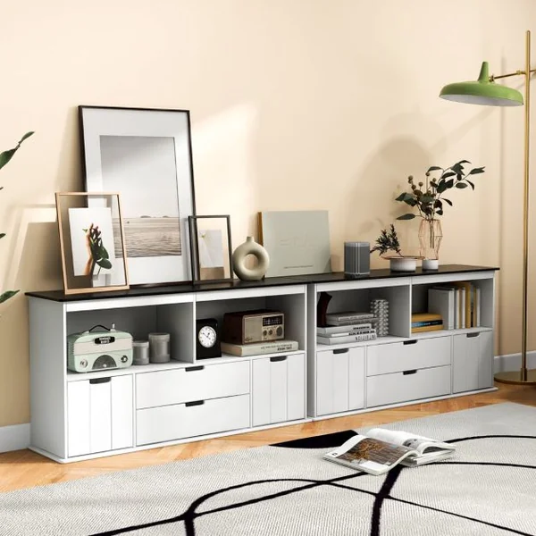 Coffre à Jouets pour Enfant avec Dessus de Tableau Noir Compartiment Ouvert 2 Tiroirs et 2 Bacs pour Chambre d'Enfant