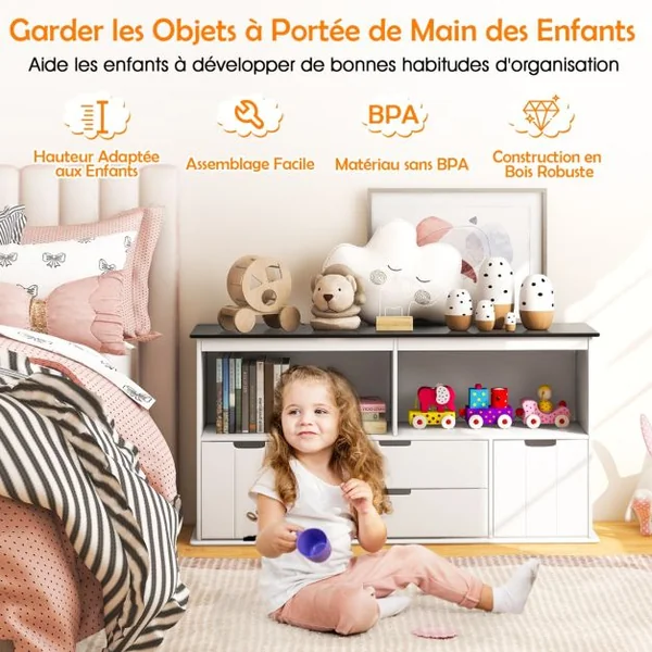 Coffre à Jouets pour Enfant avec Dessus de Tableau Noir Compartiment Ouvert 2 Tiroirs et 2 Bacs pour Chambre d'Enfant