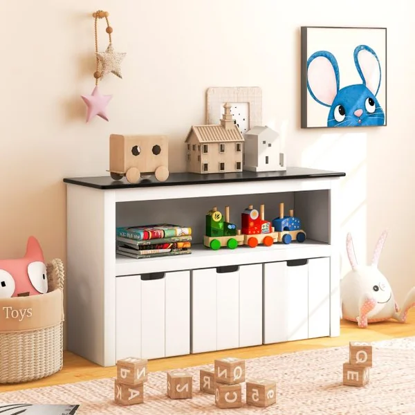Coffre à Jouets pour Enfant avec Dessus de Tableau Noir Compartiment Ouvert et 3 Bacs pour Chambre d'Enfant Salon