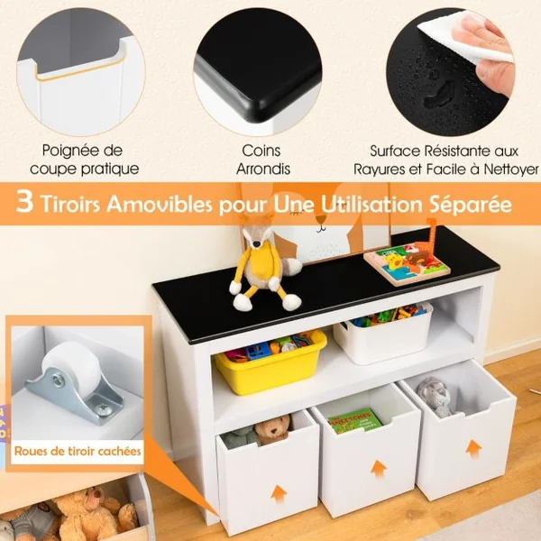 Coffre à Jouets pour Enfant avec Dessus de Tableau Noir Compartiment Ouvert et 3 Bacs pour Chambre d'Enfant Salon