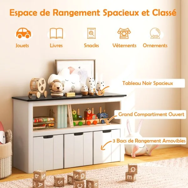 Coffre à Jouets pour Enfant avec Dessus de Tableau Noir Compartiment Ouvert et 3 Bacs pour Chambre d'Enfant Salon