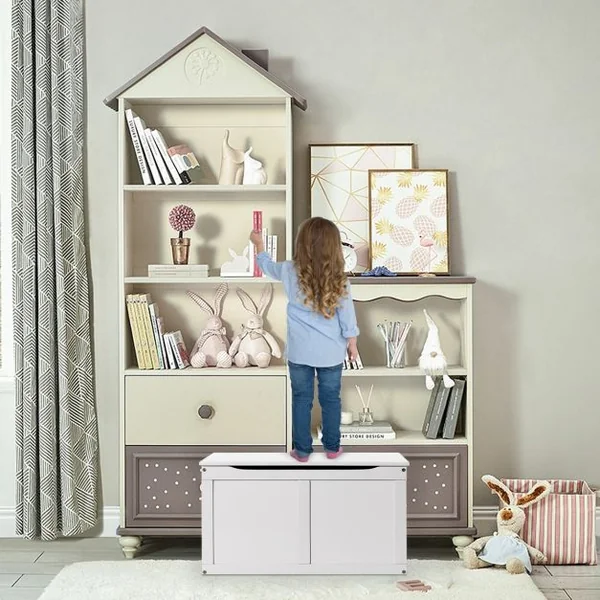 Coffre à Jouets pour Enfant Coffre de Rangement à Couvercle Rabattable en Bois + Peinture Ecologique 72x41x43cm Blanc
