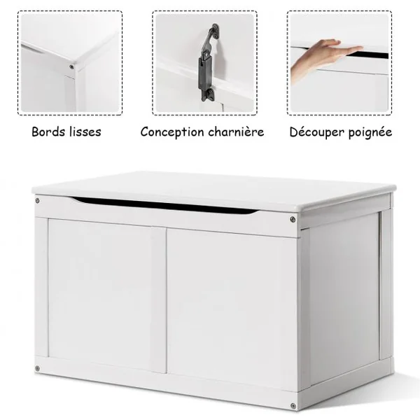 Coffre à Jouets pour Enfant Coffre de Rangement à Couvercle Rabattable en Bois + Peinture Ecologique 72x41x43cm Blanc