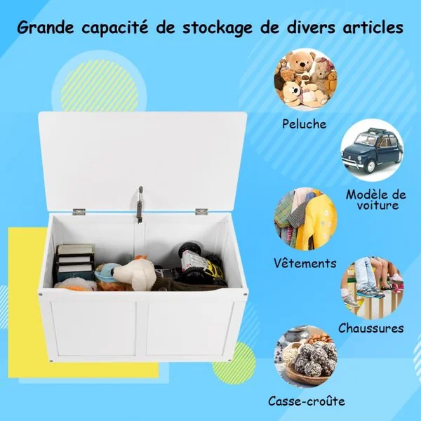 Coffre à Jouets pour Enfant Coffre de Rangement à Couvercle Rabattable en Bois + Peinture Ecologique 72x41x43cm Blanc