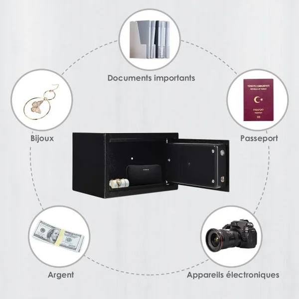 Coffre-fort Numérique avec 2 Clés de Secours pour Stockage Bijoux Billets Objets de Valeur en Acier 31x20x20cm Noir