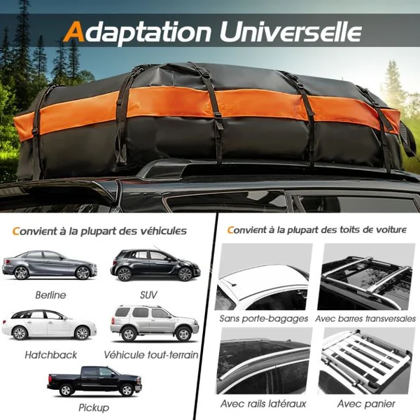 Coffre/Sac de Toit de Voiture Étanche de 560 L avec 10 Sangles Renforcées 6 Crochets de Porte et Tapis Antidérapant