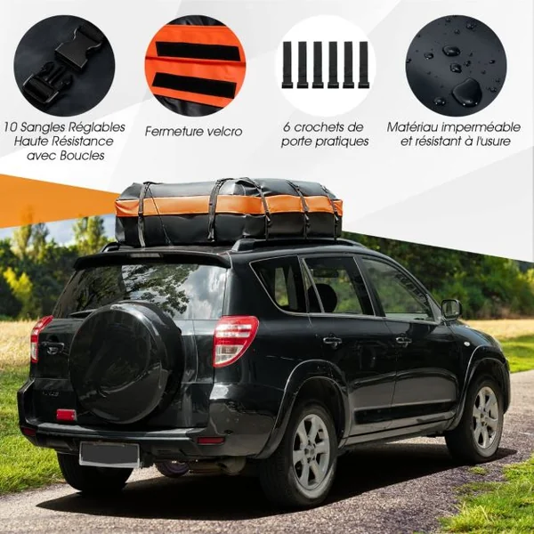 Coffre/Sac de Toit de Voiture Étanche de 560 L avec 10 Sangles Renforcées 6 Crochets de Porte et Tapis Antidérapant