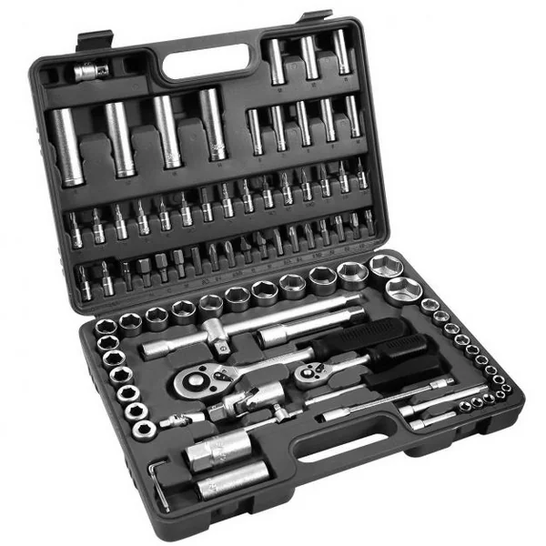 Coffret de 94 Pièces de Clés à Douilles Clé à Cliquet et Embouts 1/4" + 1/2" en Acier au Carbone, 40x19x5cm, Noir