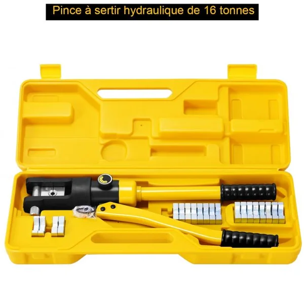 Coffret de Pince à Sertir Hydraulique Outil de Sertissage Professionnelle 16 T Rotation 180°11 Têtes Sertissage 22mm