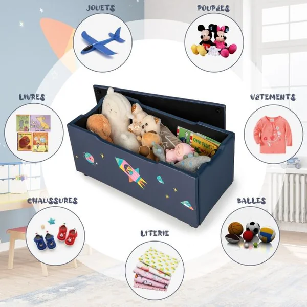 Coffret à Jouets 75 x 36 x 38 cm (L x l x H) Couvercle Amovible Rangement Jouet avec Siège Rembourré Blanc/Bleu