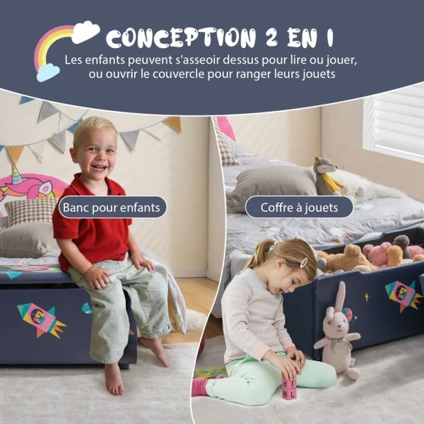 Coffret à Jouets 75 x 36 x 38 cm (L x l x H) Couvercle Amovible Rangement Jouet avec Siège Rembourré Blanc/Bleu