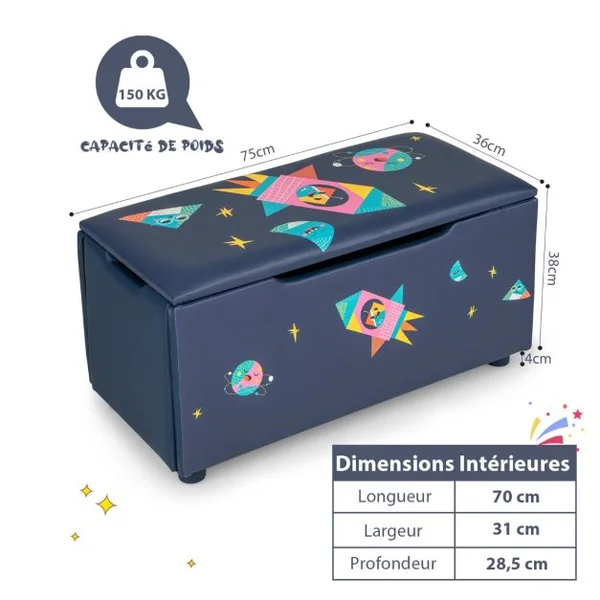 Coffret à Jouets 75 x 36 x 38 cm (L x l x H) Couvercle Amovible Rangement Jouet avec Siège Rembourré Blanc/Bleu