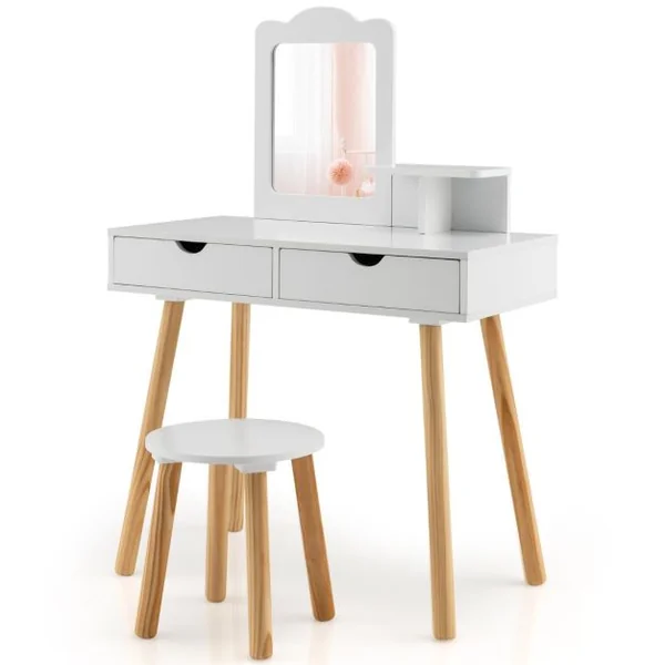Coiffeuse 2 en 1 Pour Enfants avec Tabouret Mignon Table de Maquillage en Bois pour Enfants avec Miroir et 2 Tiroirs Blanc/Rose/Rose Pâle