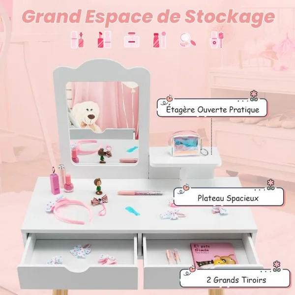 Coiffeuse 2 en 1 Pour Enfants avec Tabouret Mignon Table de Maquillage en Bois pour Enfants avec Miroir et 2 Tiroirs Blanc/Rose/Rose Pâle