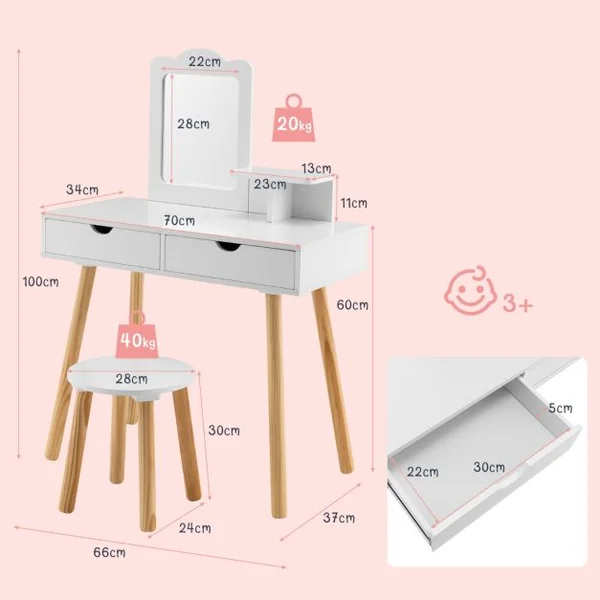 Coiffeuse 2 en 1 Pour Enfants avec Tabouret Mignon Table de Maquillage en Bois pour Enfants avec Miroir et 2 Tiroirs Blanc/Rose/Rose Pâle