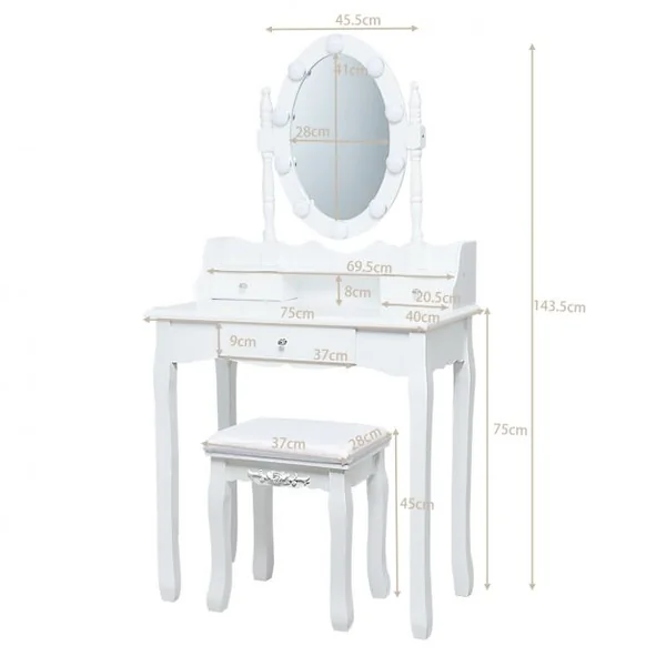 Coiffeuse avec 11 Ampoules LED Tabouret et Miroir à 360 ° 3 Tiroirs Peut Transformer Comme Bureau Blanc