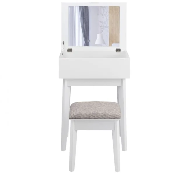 Coiffeuse avec miroir carré Table de maquillage avec tabouret 1 tiroir en MDF, 55 x 40 x 77 cm, Blanc