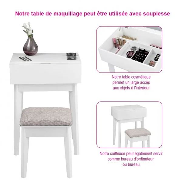 Coiffeuse avec miroir carré Table de maquillage avec tabouret 1 tiroir en MDF, 55 x 40 x 77 cm, Blanc