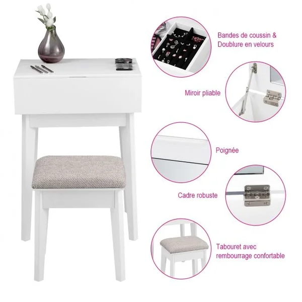 Coiffeuse avec miroir carré Table de maquillage avec tabouret 1 tiroir en MDF, 55 x 40 x 77 cm, Blanc