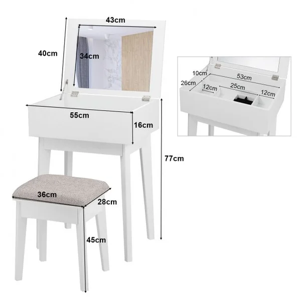 Coiffeuse avec miroir carré Table de maquillage avec tabouret 1 tiroir en MDF, 55 x 40 x 77 cm, Blanc