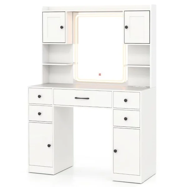 Coiffeuse avec Miroir Eclairé avec Lumières LED à Intensité Variable à 3 Couleurs Coiffeuse avec Station de Charge Etagères Ouvertes Blanc