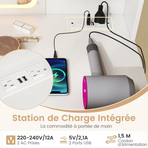 Coiffeuse avec Miroir Eclairé avec Lumières LED à Intensité Variable à 3 Couleurs Coiffeuse avec Station de Charge Etagères Ouvertes Blanc