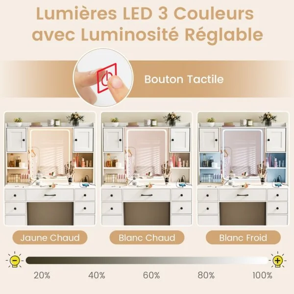 Coiffeuse avec Miroir Eclairé avec Lumières LED à Intensité Variable à 3 Couleurs Coiffeuse avec Station de Charge Etagères Ouvertes Blanc