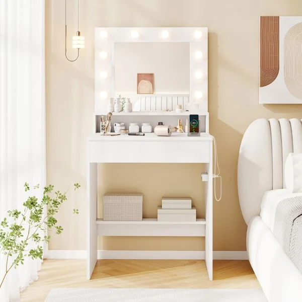 Coiffeuse avec Miroir et Lumières Table de Maquillage avec 3 Modes Lumineux et Luminosité Réglable Blanche