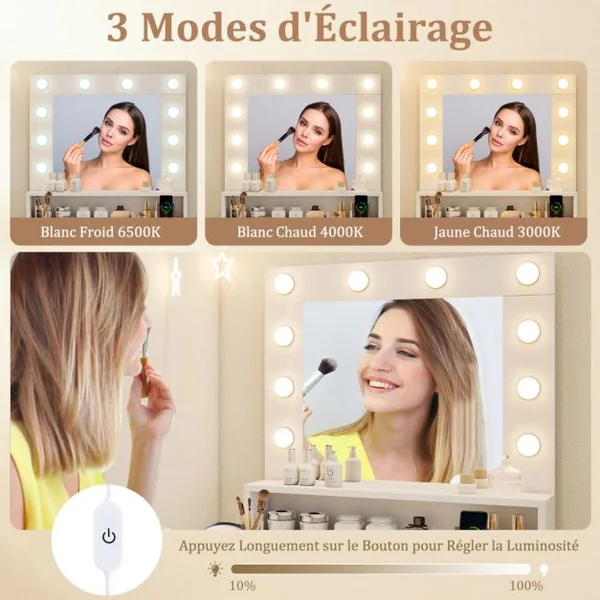 Coiffeuse avec Miroir et Lumières Table de Maquillage avec 3 Modes Lumineux et Luminosité Réglable Blanche
