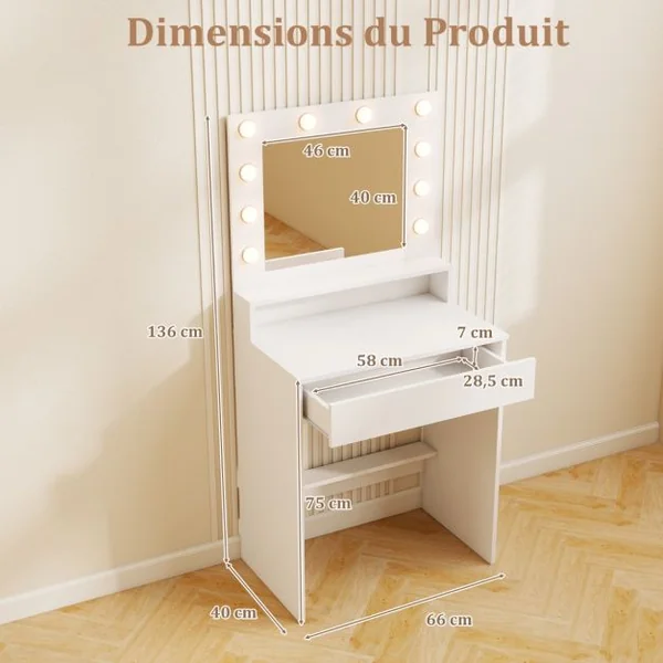 Coiffeuse avec Miroir et Lumières Table de Maquillage avec 3 Modes Lumineux et Luminosité Réglable Blanche